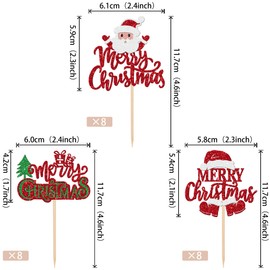 24 piezas de adornos para magdalenas con purpurina, árbol de Navidad, Papá Noel, para decoración de pasteles, Navidad, Año Nuevo, día festivo, cumpleaños, fiestas, suministros de decoración de pasteles, color rojo