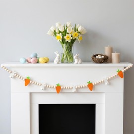 4.2 FT Easter Wooden Beads Garland with White Beads, Bunnies and Carrots, Spring Themed Beaded Banner for Easter Day, Mantel, Shelf, Wall, and Fireplace Decorations
