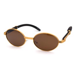 SA106 Retro Art Nouveau Vintage Style Small Oval Metal Frame Sunglasses Yellow Gold Solid Brown
