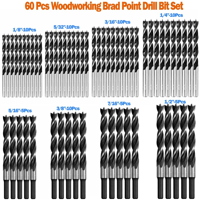 Brad Point Woodworking 60Pcs Drill Bit Set Drill for Hardwood