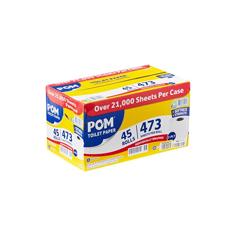 POM Pom Embossed 2-ply Toilet Paper, White, 45 Rolls, 473