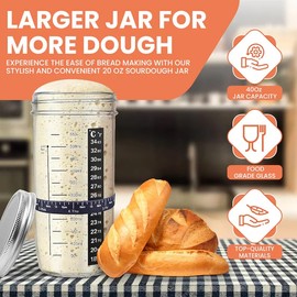 Sauerteig Starter Set, 730ml Sauerteig-Starterglas Set, Sauerteig Glas mit Holzdeckel, Alukappe, Stoffhut, Thermometerpapier, Fütterungsband, Spatel, Bürste & Messlöffel für Anfänger beim Brotbacken
