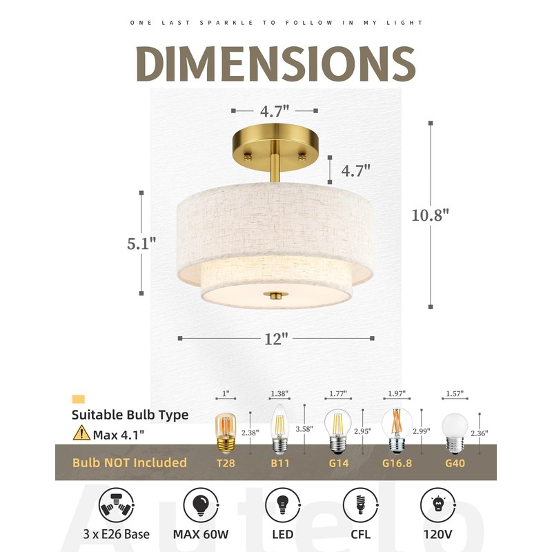 AUTELO 3-Light Drum Semi Flush Mount Ceiling Light Fixture, 12