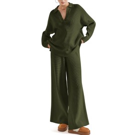 SUUKSESS Women 2 piece Fall outfits Long Sleeve Oversized Matching Lounge Set Waffle Knit Polo Sweater sets (Green,S)