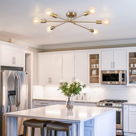 BrkNit Semi Flush Mount Ceiling Light, 6-Light Brass Modern Sputnik Chandeliers with E26 Base, Mid Century Industrial Vintage Farmhouse Kitchen Light Fixtures for Living Room Dining Room Bedroom