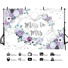 AIBIIN 7x5ft Miss to Mrs Violet Floral Backdrop for Bridal Shower Purple and White Flowers Photography Background Hearts Geometric Couple Wedding Party Decorations Bride to Be Engagement Banner Props