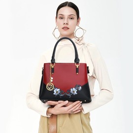 KKXIU 3 Zippered Compartments Purses and Handbags for Women Top Handle Satchel Shoulder Ladies Bags, D-black Red Flower, Medium