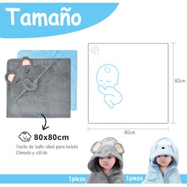 2 Pcs Toalla de Baño con Capucha, Toallas Super Absorbentes para Niños, Bonita Toalla de Baño para Niños con Forma de Animales,Lavable a Máquina80 x 80 CM (Elefante Gris + Cachorro Azul)