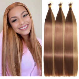 Locescsoc 28 Inch Bone Straight Braiding Hair 150g 3 Packs Straight Hair Extensions, Ariel Straight Ponytail Hair Bundles, Ombre Soft Synthetic Hair for Women (27/30, 28 Inch 3 Packs)