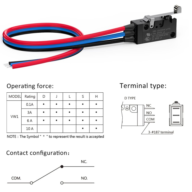 DIYhz Waterproof Momentary Hinge Roller Lever Micro Switches with Line