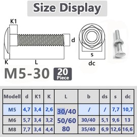 SHUNCHG M5 X 30mm Coach Bolts, Cup Square Carriage Bolt and Nut Pack of 20, M5 (5mm) X 30mm Coach Bolts with Hexagon Nuts