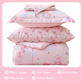 Viviland Girls Twin Comforter with Sheet Set - Kids Brushed Microfiber Twin Bedding Set - 5 Pieces Machine Washable Bed in A Bag, Bed Sheet Set, Shams - Pink Unicorn