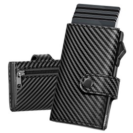 YESIIW Wallets for Men UK RFID Blocking Leather Minimalist Smart Pop Up Trifold Card Holder Wallet with 9 Cards, 2 ID Window, Credit Card Holder with Zipper Coin Pocket,(Carbon Fiber)