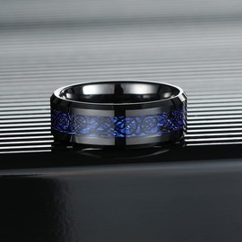 King Will Men's 8mm Blue Carbon Fiber Black Celtic Dragon Tungsten Carbide Ring Wedding Band 11.5