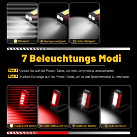 LED Werkstattlampe Taschenlampe, Arbeitsleuchte LED Akku 360° Drehbare Standfuß und 270°Ausklappbaren Hakens mit Magnet COB Inspektionslampe für Auto Werkstatt Camping Notfallgebrauch