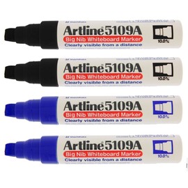 Artline 5109A Big Nib 10mm Dry Erase Extra Thick Whiteboard Markers, 4 Markers (2 Black, 2 Blue)