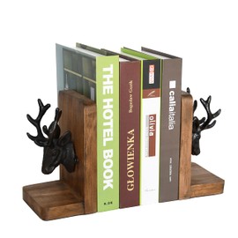 Vintage Cast Iron Deer Head & Antlers Design Decorative Elk Bookends for Shelves, Buck Book Holders, Reindeer Book Organizer, L-Shaped Wooden Desk Organizer, Heavy Duty Non-Skid Bookends (1 Pair)
