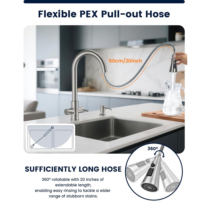 DAYONE 2 Handle Kitchen Faucet with Soap Dispenser, Two-Handle Kitchen