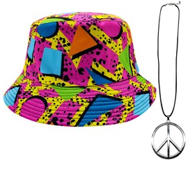 Bucket Hats Double-Side-Wear Reversible Fashion Sun Cap 80s 90s Hippie Fisherman Hat 80s Theme Party for Women Men (Vintage 80s Memphis)