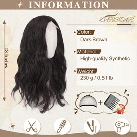 BARSDAR Long Curly Brown Wig, Medium Length, 46 cm Wavy Brown Wig for Women, Middle Parting, Natural, Heat-Resistant, Synthetic Shoulder Length, Curly Wig - Dark Brown
