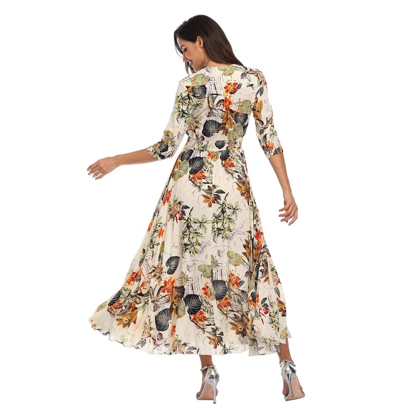 Floral Print Maxi Dress Women Button Up Split Long Flowy