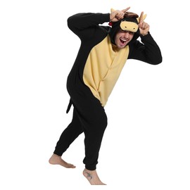 dressfan Animal Black Bull Pajamas One Piece Sleepwear Cosplay Jumpsuits Costume (L, Black)