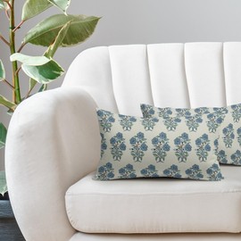 Sweetshow Blue Green Floral Throw Pillow Covers 12x20 Chinoiserie Flowers Leaves Birds Decorative Lumbar Pillows Outdoor Linen Farmhouse Cushion Case Pillowcase for Sofa Bed Room Decor Set of 2