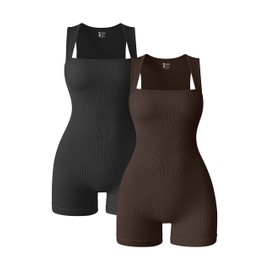 OQQ Women 2 Piece Rompers Yoga Stretch Strappy Square Neck Sleeveless Exercise Rompers Black Darkbrown