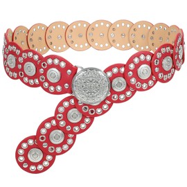 WHIPPY Western Belts for Women Vintage Disc Waist Belts Concho Leather Belts Boho Waist Belt for Dress Jeans, Red, M