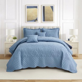 CHIXIN Botanical Oversized Bedspread Queen Size - Leaves Pattern Stitching Quilt Set - Elegant & Fresh Style Bedding Coverlets, Reversible, Lightweight, 5 Piece, Smokey Blue