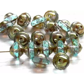 Czech 10 - 10x8mm CZECH AQUA BLUE METALLIC GREEN BRONZE ENDS SATURN SAUCER GLASS BEADS