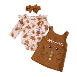 Baby Girl Christmas Outfit Snowman/Gingerbread Ruffle Long Sleeve Romper Overall Dress Headband Cute Fall Clothes (Khaki Gingerbread Man, 3-6 Months)