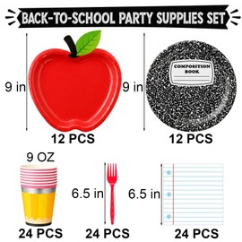NKPDAXM 96Pcs Back to School Party Supplies, First Day of School Decorations with Apple Plates, Composition Book Plates, Napkins, Cups, Forks for Back to School Decorations Classroom Party, Serves 24