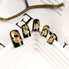 Gold Glitter Maple Leaf Press on Nails Black Acrylic Fake Nails Thanksgiving Medium Square False Nails 3D Maple Leaves Design Fall Nails Glossy Full Cover Artificial Stick on Nail for Women
