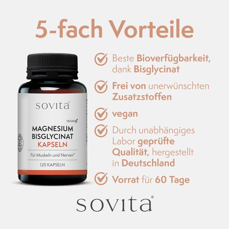 sovita Magnesium Bisglycinate - 120 Capsules - 300 mg Pure