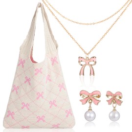 Bulyoou 3 Pcs Valentine's Day Gifts for Women Heart Crochet Tote Bags Coquette Heart Pendant Earrings Necklaces Y2k Jewelry(Pink,Bow)