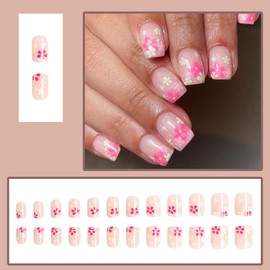 Flower Press on Nails Short Fake Nails Square False Nails with Pink Flower Design Glue on Nails Glossy Full Cover Stick on Nails Cute Acrylic Nails Spring Artificial Nails for Women Manicure 24Pcs