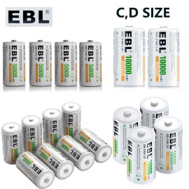 EBL  C D  Battery Ni-MH 1.2V Rechargeable Batteries 500Omah-1000Om - 10x D Batteries, D