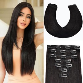 Clip in Hair Extensions Real Human Hair 22 Inch 120g Invisible Seamless Human Hair Clip in Extensions for Women 7pcs Per Set with Double Weft 1B Natural Color