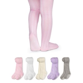 LA ACTIVE Baby Girl Tights Warm Cotton Leggings Tights, Non-Skid Seamless Cable Knit Stockings for 1T-2T Infant Toddler, Pink/White/Lavendar/Ivory/Grey-5 Pairs