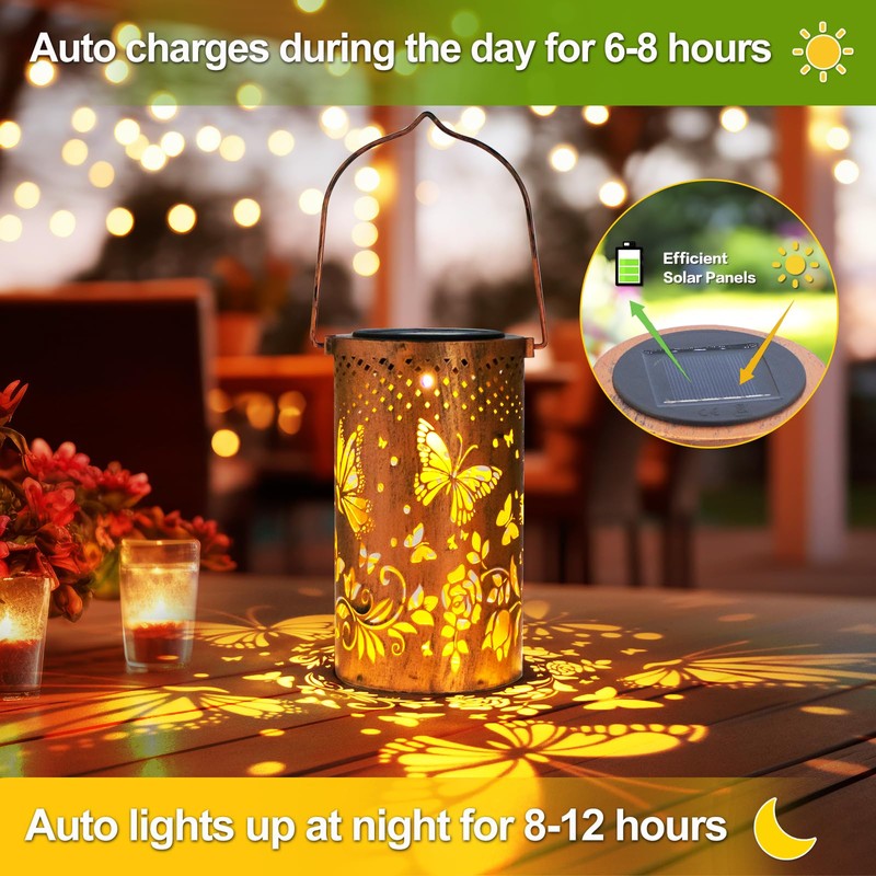 Butterfly Solar Lanterns Outdoor Hanging, Hollowed-Out Metal Waterproof LED Garden
