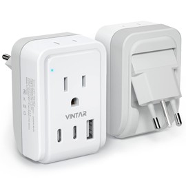 Adaptador de enchufe de viaje italiano, VINTAR 5 en 1, adaptador de corriente plegable Italia con 17 W, 3 puertos USB (2 USB C) y 2 tomas americanas, adaptador de 3 puntas tipo L para Estados Unidos a Italia Roma Uruguay Chile