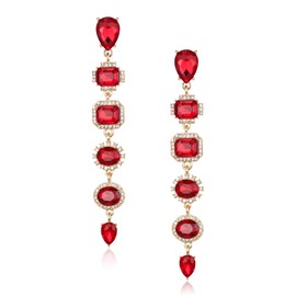 Crysdue Bridal Dangle Earrings for Women, Teardrop Round Emerald Cut Rhinestone Crystal Long Drop Chandelier Earring for Wedding Party Prom Red Gold-Tone