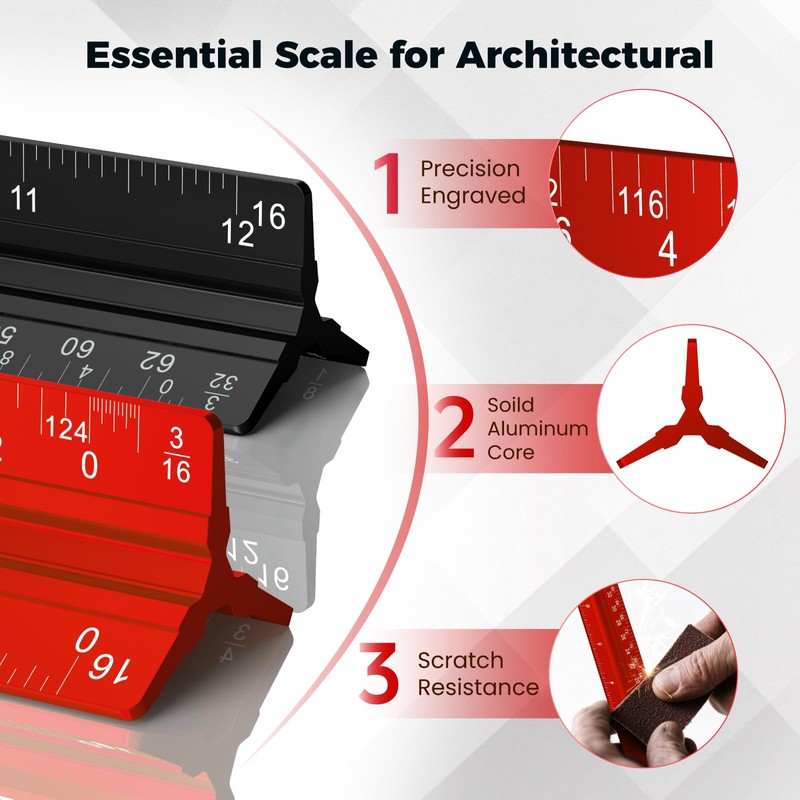 Rena Chris 2PCS Architectural Scale Ruler: 12" Imperial Aluminum Alloy