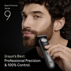 Braun Beard Trimmer Series 9, +11 Barbering Tools, Power Boost & Lifetime Sharp ProBlade, 180 Min, with Fade, 52 Lengths, PrecisionWheel & Lock, Waterproof, BT9545, Chrome