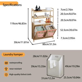 Baveke Double Tilt Out Laundry Hamper, Bamboo Hamper with 2 Removable Bags, Pull Out Laundry Hamper Cabinet, Bathroom Storage Shelf for Laundry Room, Living Room, Bedroom (Double Hamper - 3 Tiers)