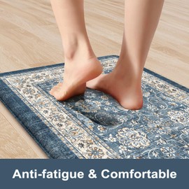 KIMODE Anti Fatigue Kitchen Mats for Floor, Boho Distressed Blue Kitchen Rugs Sets of 2, Padded Kitchen Floor Mats Non Slip, Cushioned Standing Mats for Sink, Laundry, Desk 17"x59"+17"x29"