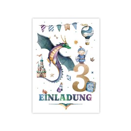 Minkocards 12 Invitation Cards with 12 Envelopes for 3rd Children's Birthday Boy Knight Dragon Invitation Set