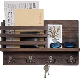 Wall Mounted Mail Holder Wooden Mail Sorter Organizer with 4 Double Key Hooks and A Floating Shelf Rustic Home Decor for Entryway or Mudroom
