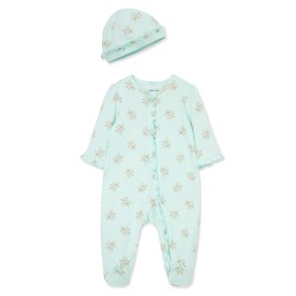Little Me Baby Girls' 100% Cotton Scratch-Free Tag Footed One-Piece Romper and Hat Sleeper Set, Delicate Floral, Preemie Green
